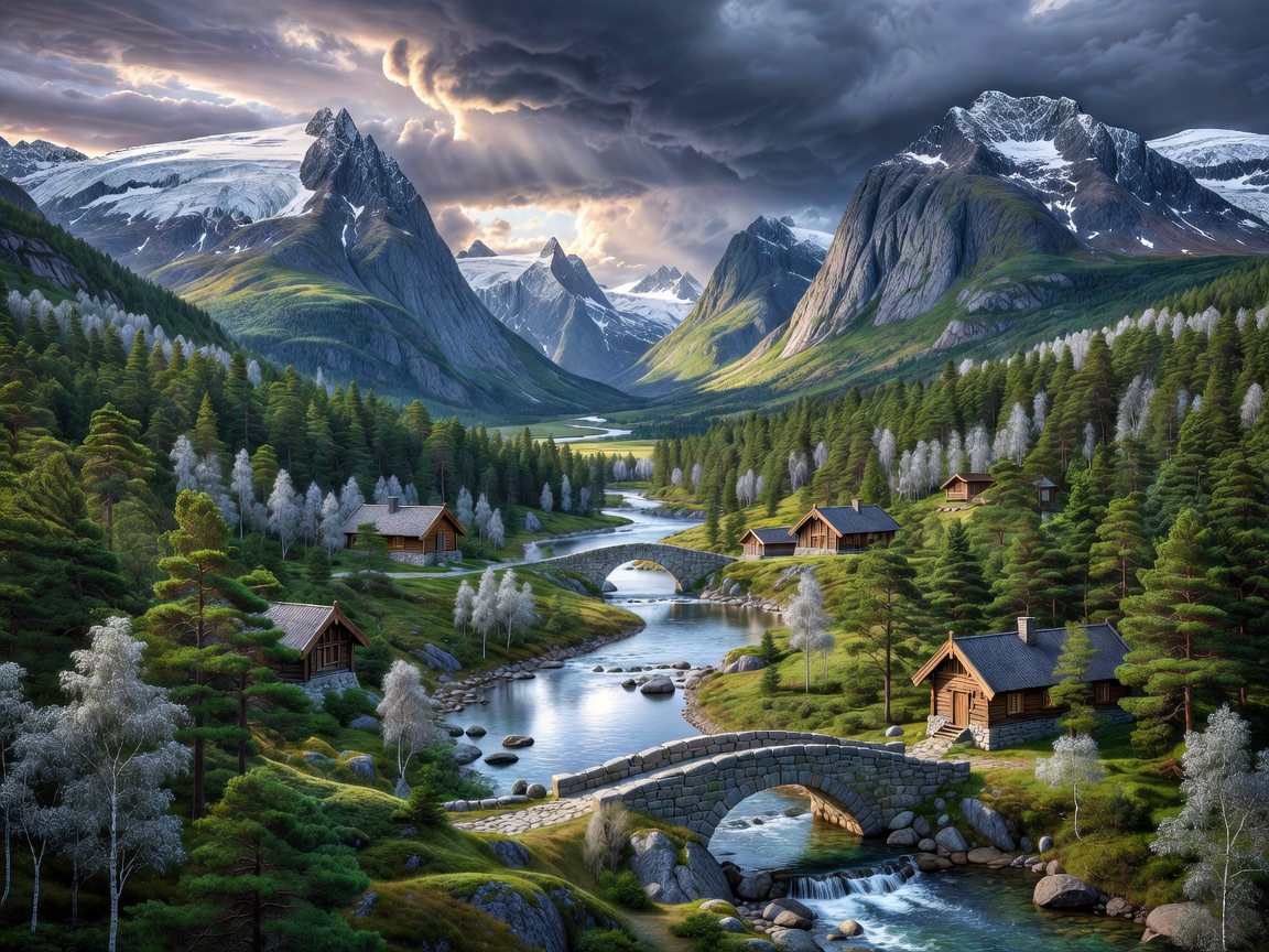 Concept art of an elegant Nordic landscape with majestic mountains