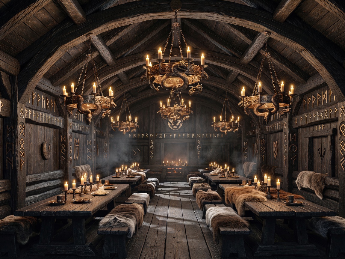 Concept illustration of a luxurious Viking banquet hall with timber ceilings