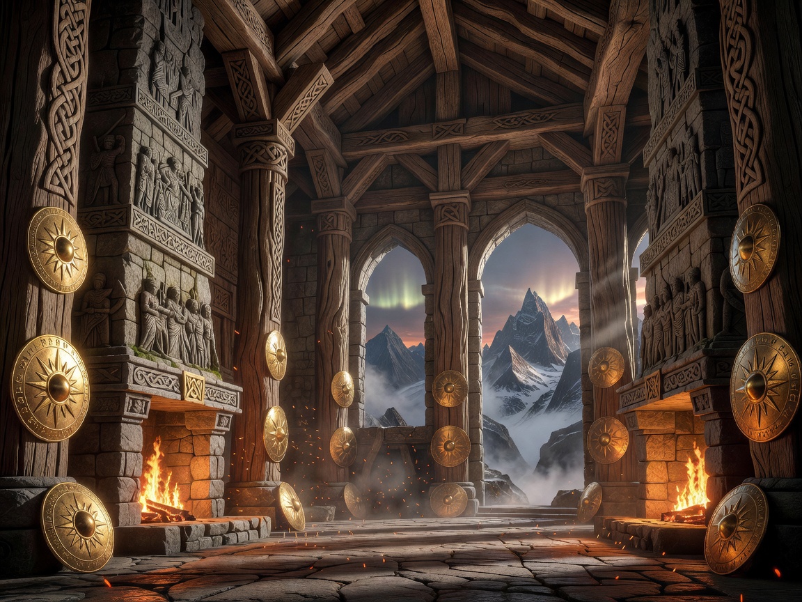 Premium concept art of a magnificent Valhalla hall with glowing fireplaces